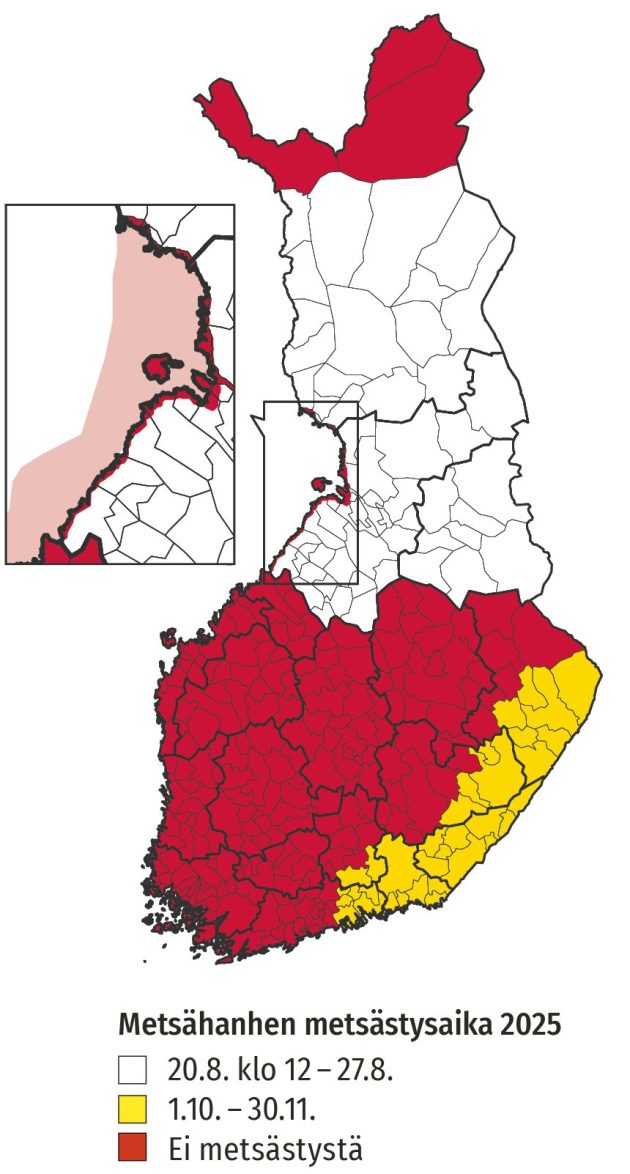 Kartta metsähanhen metsästysalueista 2025