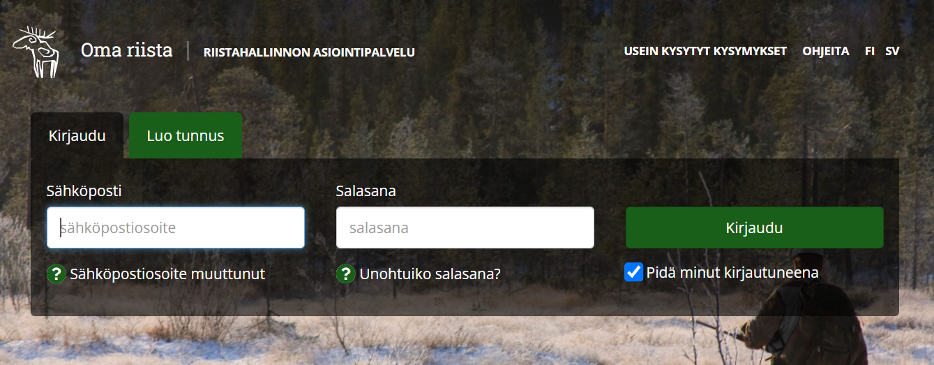 Oma riista -sivuston kirjautumissivu.